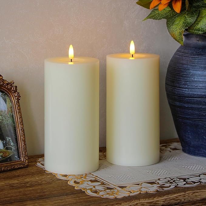 Flameless Flickering 4" x8" Real Wax Ivory Remote Candles with Candle Grease, Pack of 2 Timer LED Battery Operated Fake Warm Light Pillar Candles for Home, Banquet, Ceremony Decoration