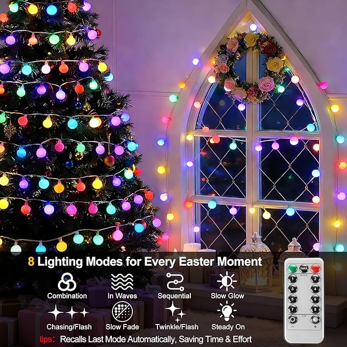 PJT 200 LED Easter String Lights, 66ft Plug in Pastel String Lights with Remote, 8 Modes & Connectable, Easter Tree Decor Lights for Tree Wrapping & Egg Hunt, Indoor Outdoor Garden Fence