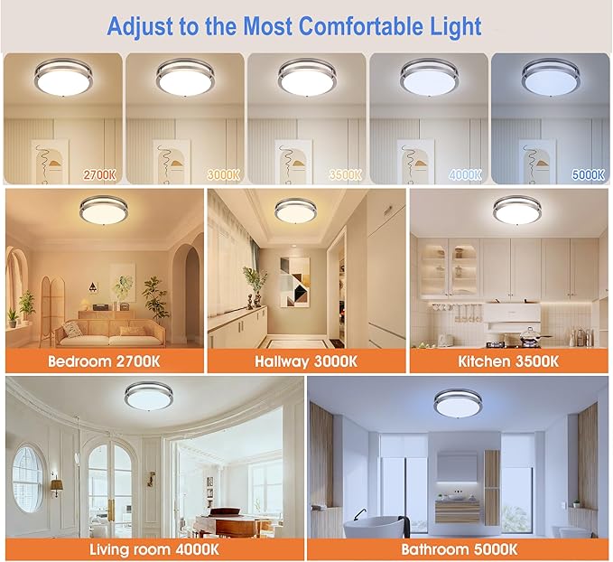 Drosbey 32W Dimmable LED Ceiling Light Fixture, Flush Mount Ceiling Lights for Kitchen, Bathroom, Bedroom, Hallway, 2700K/3000K/3500K/4000K/5000K Adjustable, 300W Equivalent, UL Listed