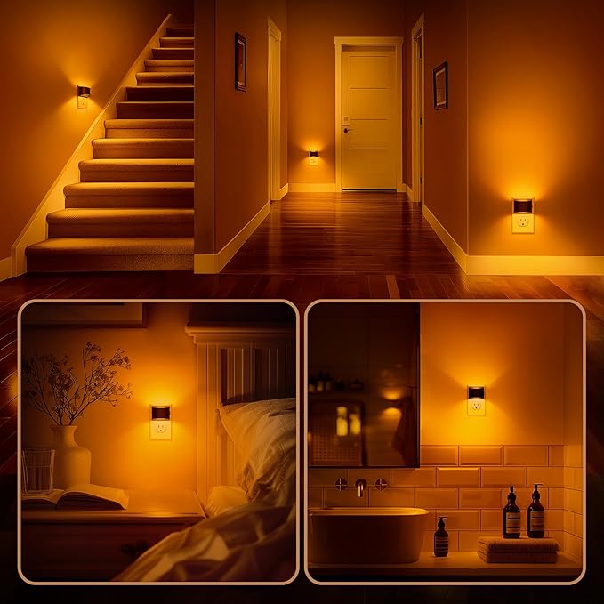 DORESshop LED Night Light[4 Pack], Night Lights Plug into Wall, 3 Level Brightness Adjustable Plug in Night Light, Dusk to Dawn Sensor, Nightlights for Adults, Bedroom, Bathroom, Hallway, Amber