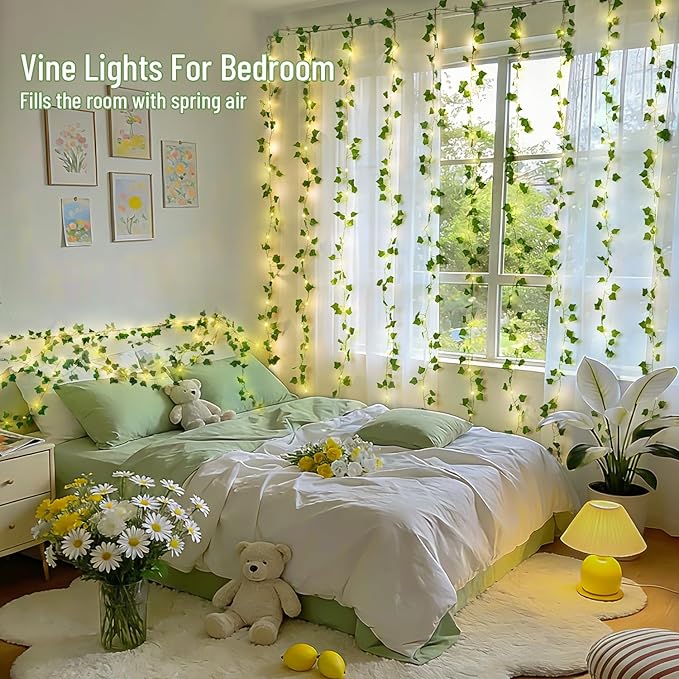 JMEXSUSS Vines Lights for Bedroom, 200 LED Vines Fairy Lights, Artificial Ivy Leaf Light for Wall Curtain Wedding Party Christmas Indoor Decor, 6.5ft x 6.5ft with Remote