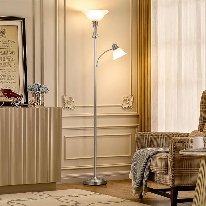 71'' Floor Lamps for Living Room, Tall Floor Lamp for Bedroom with Adjustable Angle Arc Reading lamp, Modern Torchiere Standing lamp with Glass Shade, Knob Switch, Bulb Included, Silver