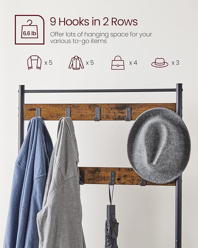 VASAGLE Coat Rack, Hall Tree with Shoe Storage Bench, Entryway Bench with Shoe Storage, 3-in-1, Steel Frame, for Entryway, 12.6 x 27.6 x 68.9 Inches, Industrial, Rustic Brown and Black UHSR41BX