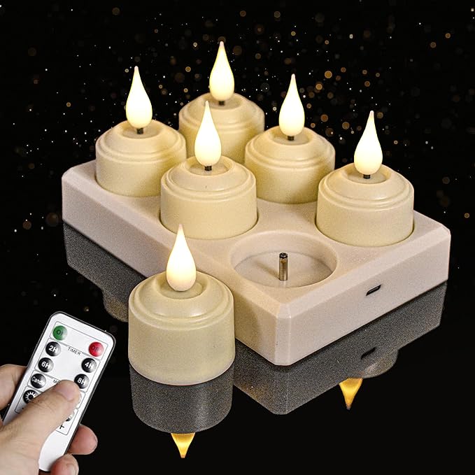 NICEME Rechargeable Flameless Tea Lights with Charging Station, 6pcs LED Tea Lights Candles Battery Operated Tealight Electric Flickering Votive Candles for Wedding Table Centerpiece Holiday Decor