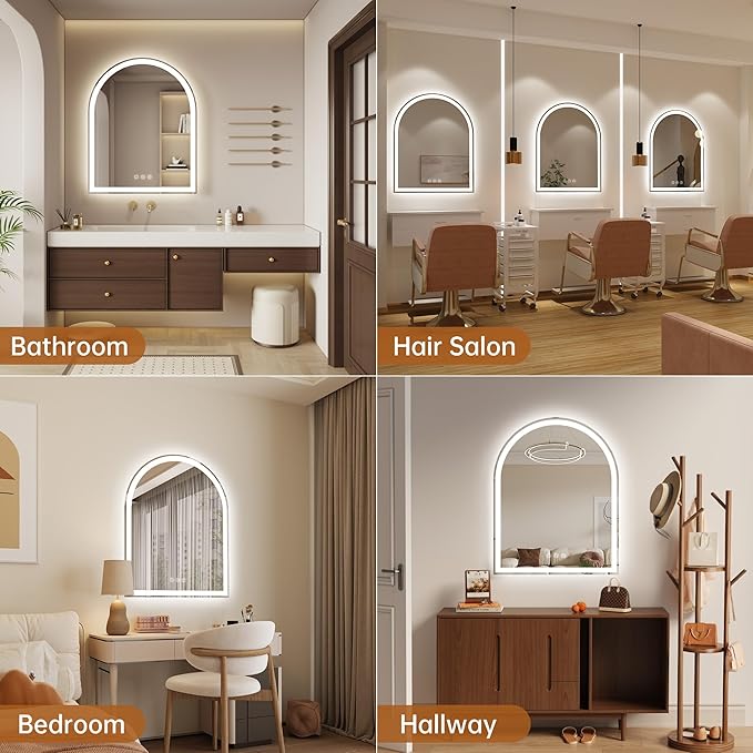 Arched LED Mirror for Bathroom 24"x30"- Frameless Lighted Bathroom Mirror with Lights, Fogless, Dimmable, 3 Color Changing, Shatterproof, Touch Sensor