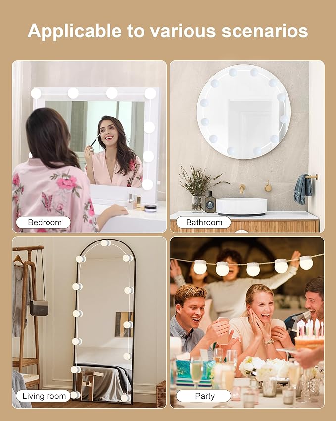 12 Bulbs LED Vanity Lights for Mirror, 3000K 4000K 6500K & 10-Brightness, Wire Length Adjustable, USB Cable, Hollywood Mirror Lights for Makeup Dressing Room Bathroom, White