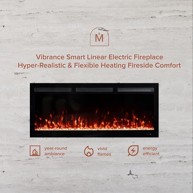 Modern Ember Vibrance 42 Inch Smart Linear Electric Fireplace Insert - Recessed or Wall-Mount, LED Multi-Flame Colors, Alexa/WiFi Enabled - Remote Included - Crystals