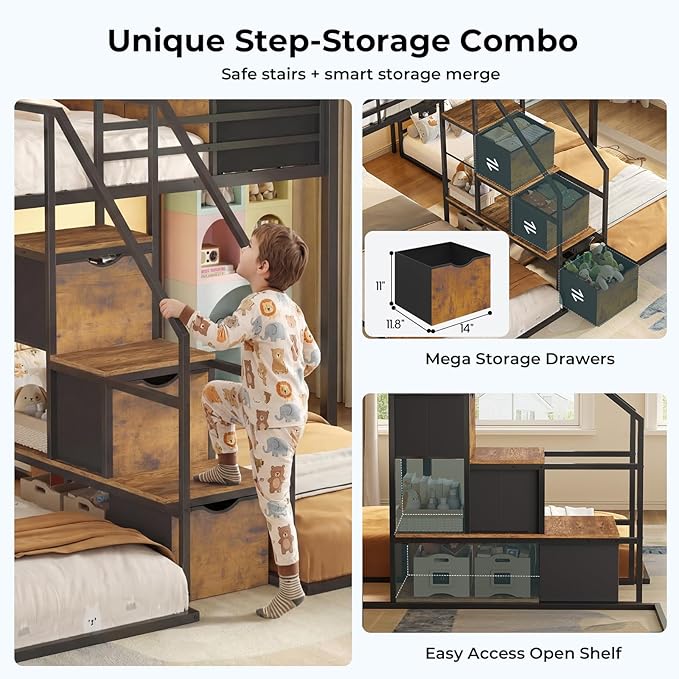 ADORNEVE Triple Bunk Bed with Storage Staircase, RGB Lights & Charging Station, Twin Over Twin, Heavy Duty Metal 3 Bunk Beds with Drawers & Headboard Shelf, Safety Guardrails, for Kids, Black