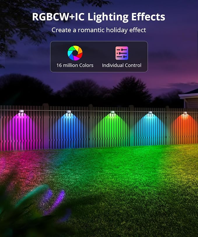 Outdoor Deck Lights 8 Packs, Smart RGBCW Fence Light, 100+ Scene Modes, Dual Lens LED String Lights with APP/Voice/Remote Control, IP65 Waterproof for Halloween Christmas Decor, 52ft White
