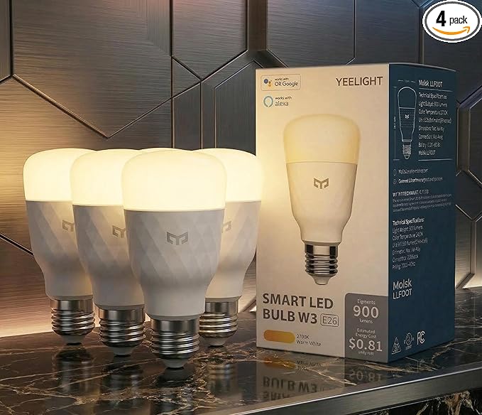 YEELIGHT Smart Light Bulbs, Warm White Dimmable LED Light Bulb 60W Equivalent, 900LM, E26, 2700K, Timing Function, WiFi & Bluetooth LED Bulbs, APP Control Work with Alexa and Google Assistant, 4 Pack