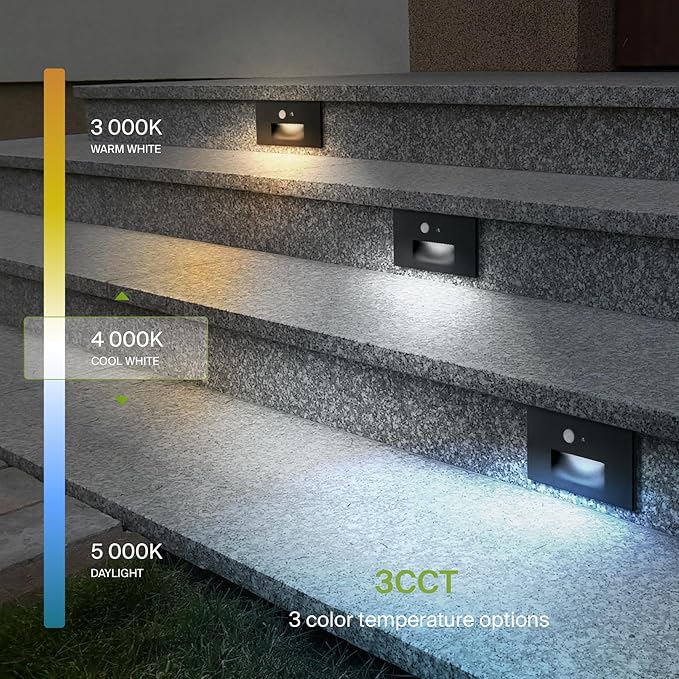 ASD LED Recessed Step Light Fixture, Dusk to Dawn Outdoor Tread Lighting | 3CCT, Motion Sensor, Photocell, Waterproof, ETL Listed | 3W 120LM 3000K-5000K 120V | Staircase Illumination | Black, 12 Pack