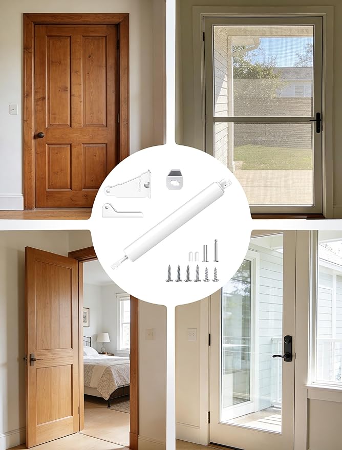 Automatic Storm Door Closer, Pneumatic Screen Door Closer with Adjustable Closing Speed, Window Closer Safety Closure with Hold Open for Storm (White)