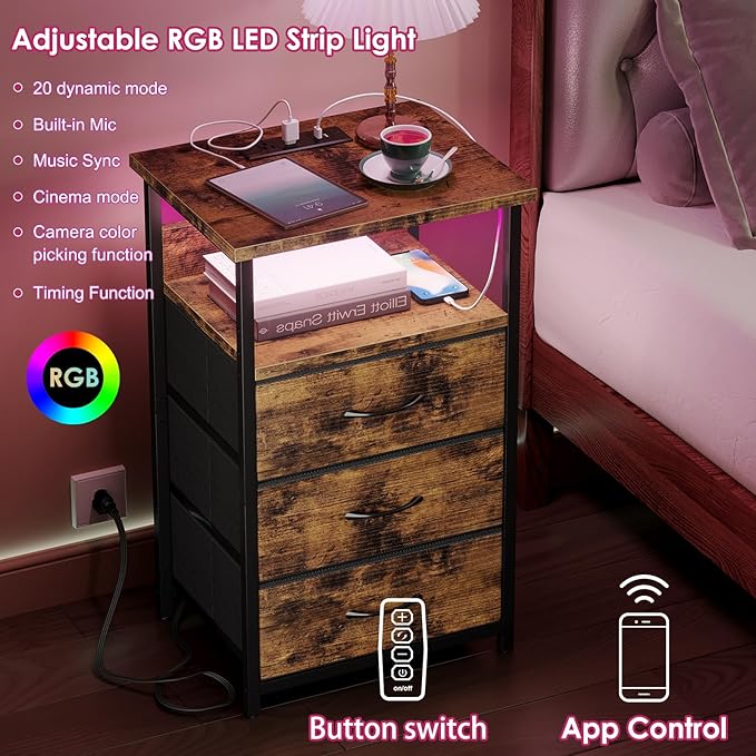 Fixwal Night Stand with Charging Station, LED Nightstand with Fabric Drawers, End Table with PU Finish, Bed Side Table, Rustic Brown (Pack of 2)