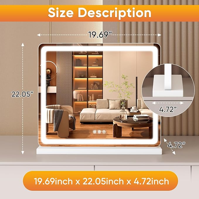 NEWBULIG 20"x22" LED Vanity Mirror with Lights, Lighted Smart Tabletop Makeup Mirrors for Desk, Touch Control Dimmable Brightness, 3 Color Lighting Modes