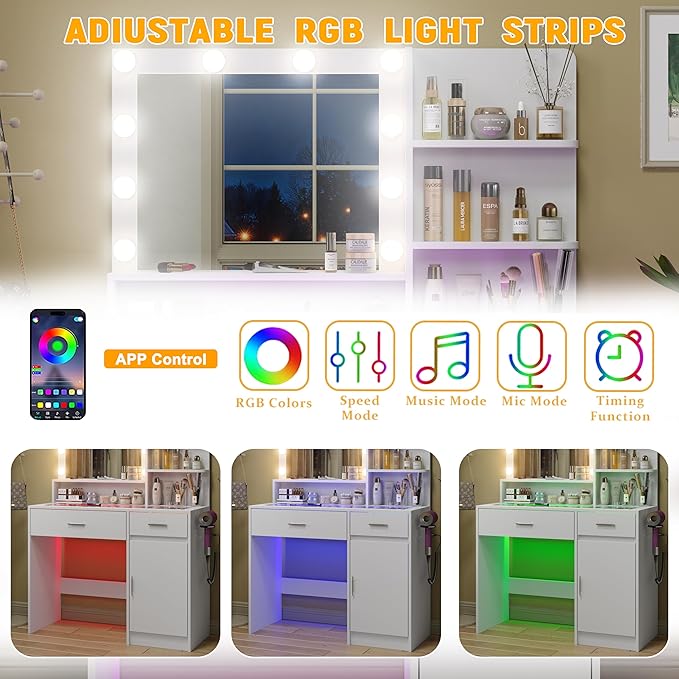 White Vanity Desk with Mirror and Lights, Vanitys with Glass Top & Power Outlet, Dressing Table with 36 Lighting Modes Brightness Adjustable RGB Drawers, for Women Girls Bedroom