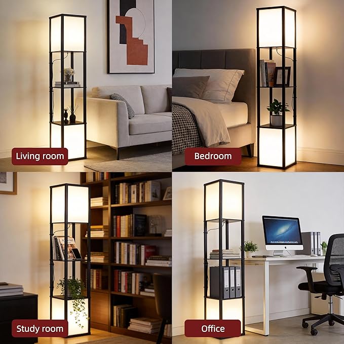 Black Floor Lamp with Shelves/Remote/App Control, Dimmable Led Standing Corner Display Bookshelf Lamp,Color Changing Temps,Floor Lamps for Living Room,Bedroom,Office (FL2L)
