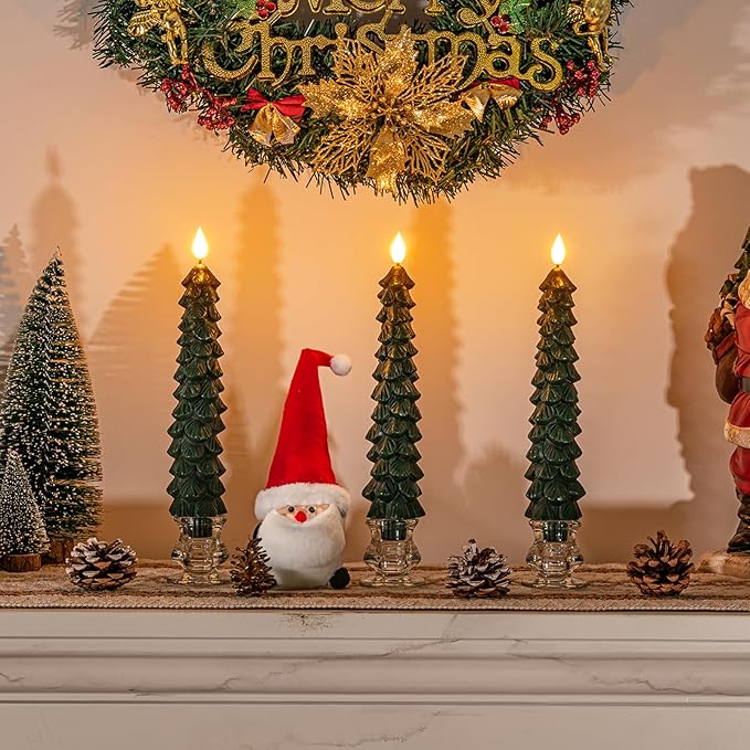 Homemory 3 Pcs Christmas Tree Candles with Remote, Waxy Flameless Taper Candles Flickering, Green LED Candlesticks Battery Operated for New Year Celebration Holiday Decorations 9.7 Inches