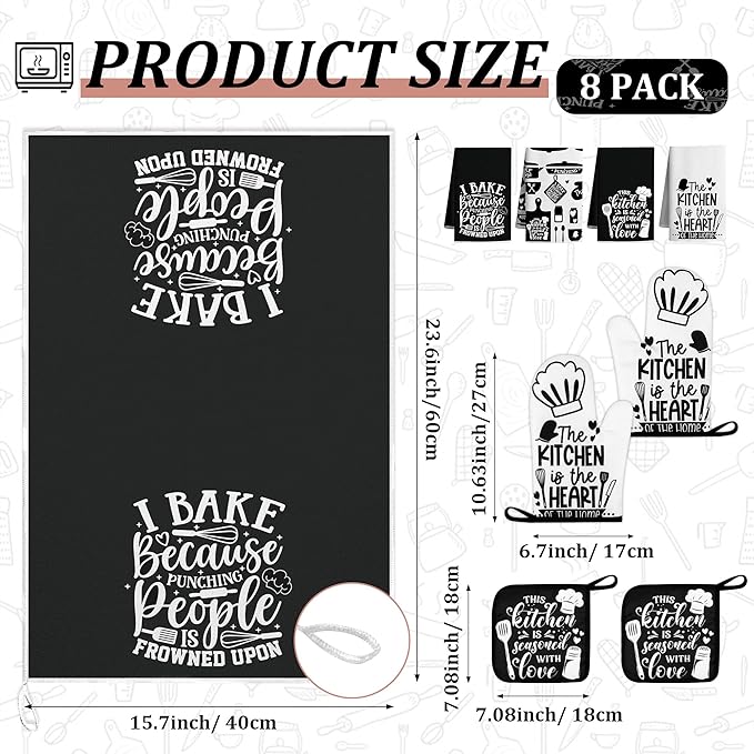 8 Pcs Farmhouse Kitchen Decor Accessories Set 4 Black White Kitchen Dish Towels 2 Oven Mitts 2 Pot Holders Kitchens Towels Pot Holders Oven Mitt Decor for Cooking Baking Housewarming Daughter Mom Gift