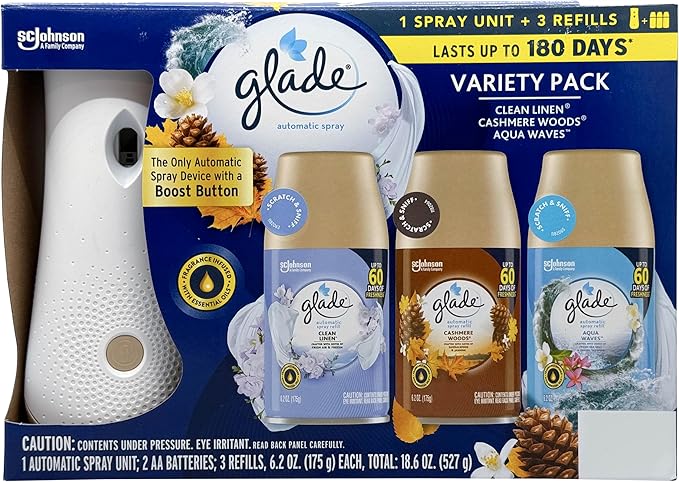 Glade Automatic Spray Variety Pack, 6.2 oz, Aqua Waves, Cashmere Woods & Clean Linen, 8 Ounce (Pack of 1)