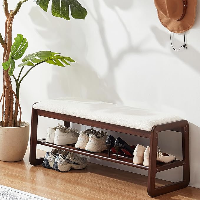 Shoe Rack Bench,2 Tier Solid Wooden Entryway Bench with Shoe Storage, Shoe Rack with Cushion for Living Room, Hallway(Cream White, 39.4")
