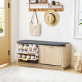 43.3''W Fluted Shoe Rack Bench with 2 Flip Drawers, Entry Bench Seat with 3-Tier Shoe Storage and Leather Cushion, Shoe Organizer Bench for Entryway, End of Bed, Living Room - Natural