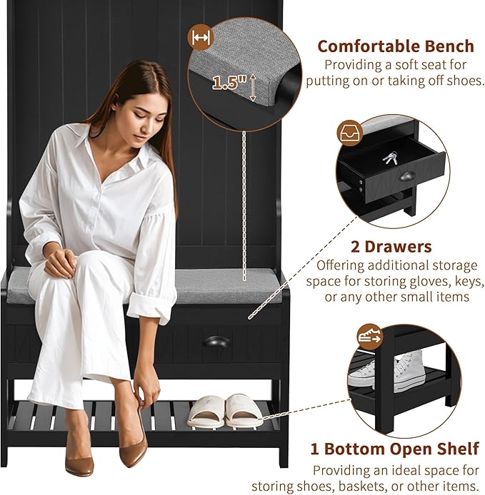 Hall Tree with Shoes Bench, Entryway Coat Rack with Storage Shelves and Drawers, 33.5''W Coat Hanger for Entrance, Hallway (Black)
