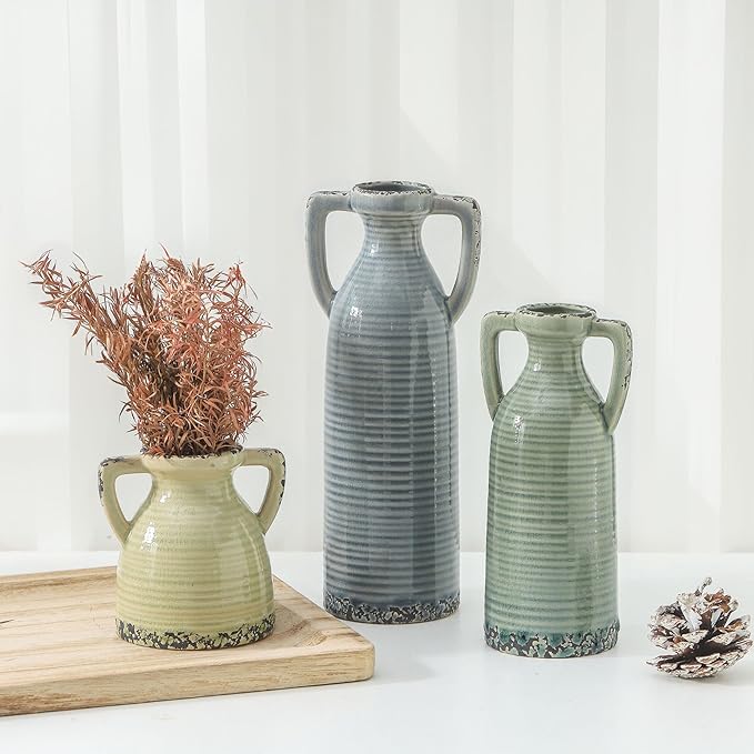Ceramic Vase Set of 3 - Farmhouse Vase Set for Modern Decoration, Rustic Crackle Round Vases for Home Decor, Dining Table, Living Room, Kitchen, Office, Shelf - Multicolor