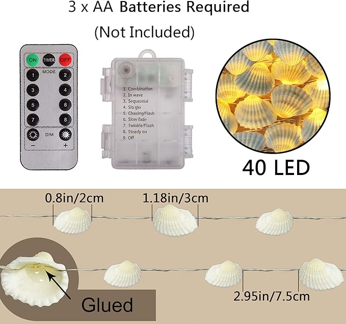 Natural Beach Seashell String Lights 13.85 Ft 40 Warm White LED Weatherproof Battery Operated 8 Modes Ocean Lights for Holiday Parties Bedrooms Weddings Gardens with Remote and Timer