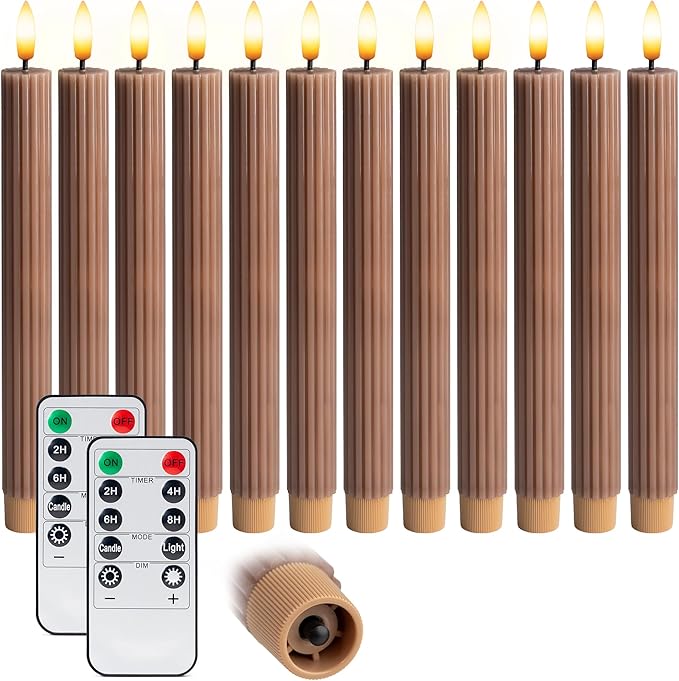 12 Pack, 10" LED Flameless Brown Tan Fluted Ribbed Grooved Taper Candles w/ 2 Remotes & 24h Timer Memory, On/Off Button, Dimmable, Flicker Mode, Battery Operated, Christmas Menorah Wedding