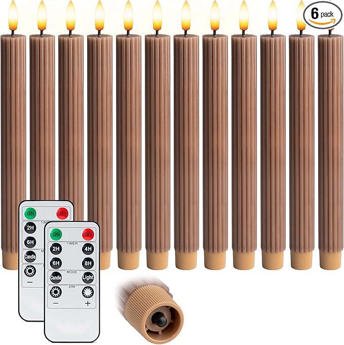 WYZworks 10" Fluted Ribbed LED Brown Tan Grooved Pillar Candles with 2 Remotes & 24h Timer Memory, On/Off Switch - Flameless Dimmable Battery Operated w/Flicker Mode, Home Wedding Decor (12 Pack)
