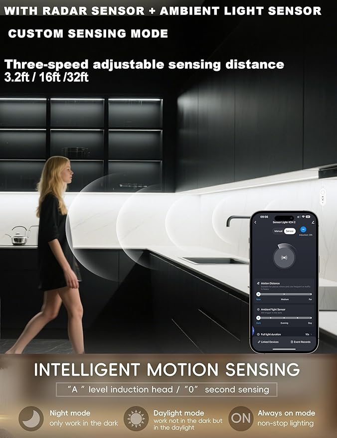 42inch WiFi LED Under Cabinet Lighting Plug in, Radar Motion & Ambient Light Sensor Silicone White 2700K-6500K, Wireless APP Control Dimmable Timing, for Google Home Alexa, for Kitchen Under Counter