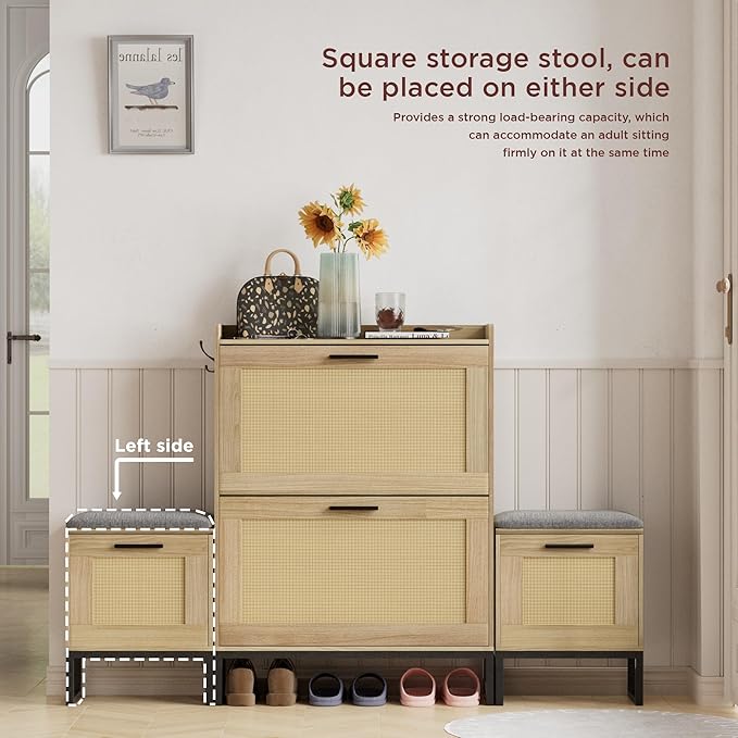 Maupvit Shoe Storage Cabinet with Bench,Rattan Entryway Shoe Storage Bench with 2 Flip Drawers and Hanging Hooks,Narrow Slim Shoe Cabinet for Entryway,Living Room,Hallway,Natural Oak