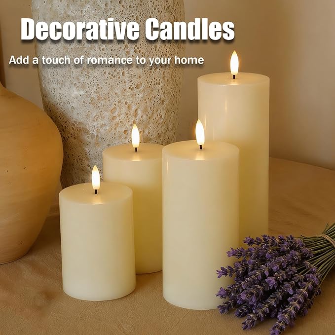 Flameless Pillar Candles with Remote Set of 4, Real Wax LED Battery Operated Candles, Safe Home Décor for Living Room, Bedroom, and Dining Table, Ivory