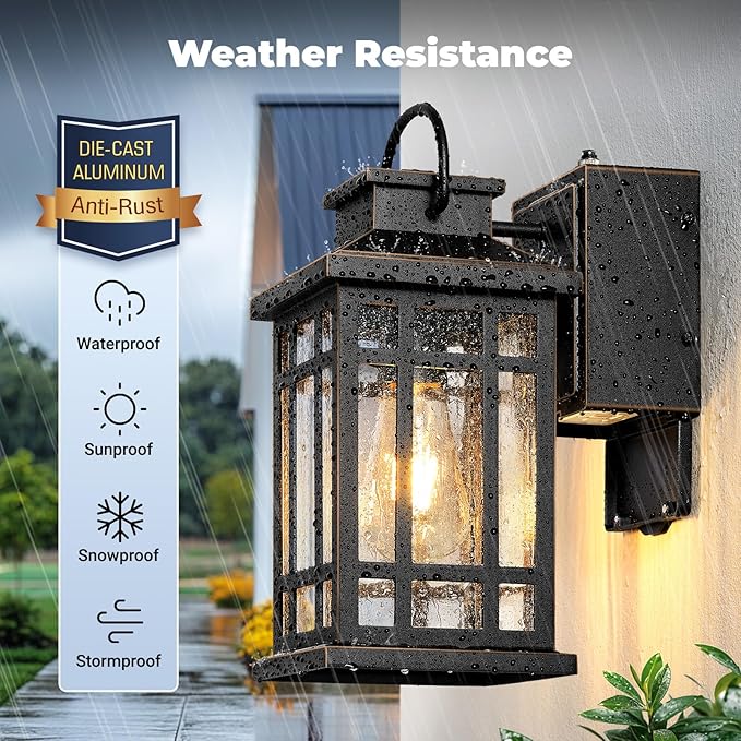 Exterior Lighting Fixtures with GFCI Outlet, Modern Black Outdoor Wall Light Fixture with Gold Trim, Dusk to Dawn Outside Lights for House, Garage, Garden, Porch, Hardwired, Easy-to-Install