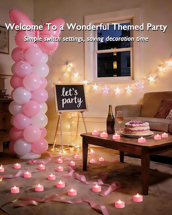 Amagic Pink LED Tea Lights Candles, 24 Pack Battery Operated Flameless Tea Lights, Long Lasting Colored Tealights Candles for Theme Party, Aniversary, Wedding Table Decor