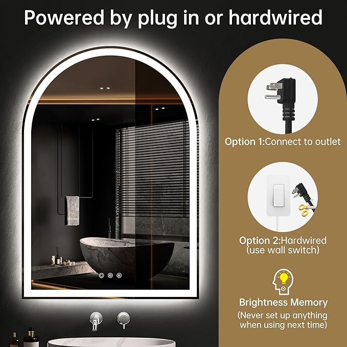 Arched Bathroom Mirror with Lights 28"x40"- Frameless LED Mirror for Bathroom, Fogless, Dimmable, 3 Color Changing, Shatterproof, Touch Sensor