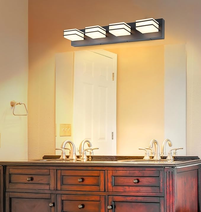 3 Color Temperature Dimmable Bathroom Light Fixtures Over Mirror, LED Black 4 Light Vanity Lighting Fixtures, Acrylic Stainless Steel Square Shade Vanity Lights for Bathroom, ETL Certificated