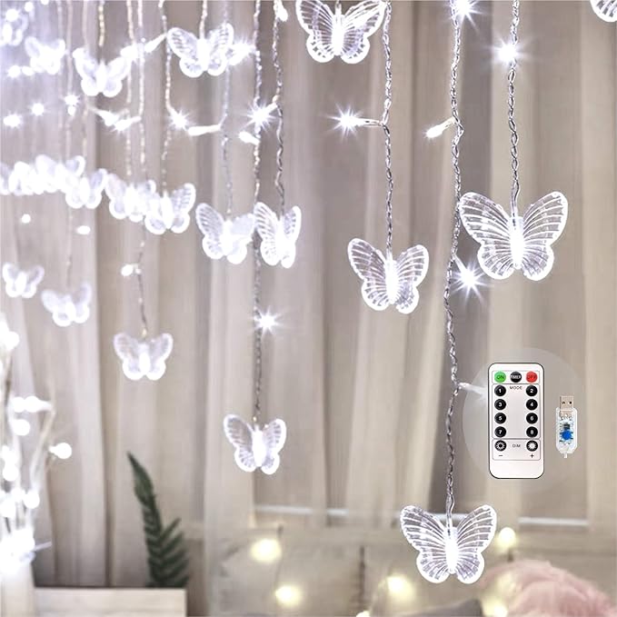 Butterfly Curtain Fairy Lights USB Plug in,8 Modes 120 LED 19.7FT Firefly Twinkle Timer String Lights with Remote, Waterproof Copper Wire for Bedroom Patio Christmas Wedding Party Dorm (Cool White)