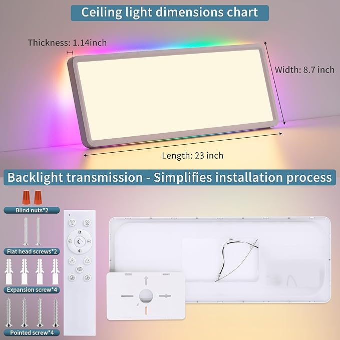 23 Inch RGB LED Flush Mount Ceiling Light with Remote, Close to Ceiling Light Fixture, 32W+7W Backlight, 3200LM Dimmable Color Changing Low Profile Rectangle, White, for Bedroom Kids Room Party