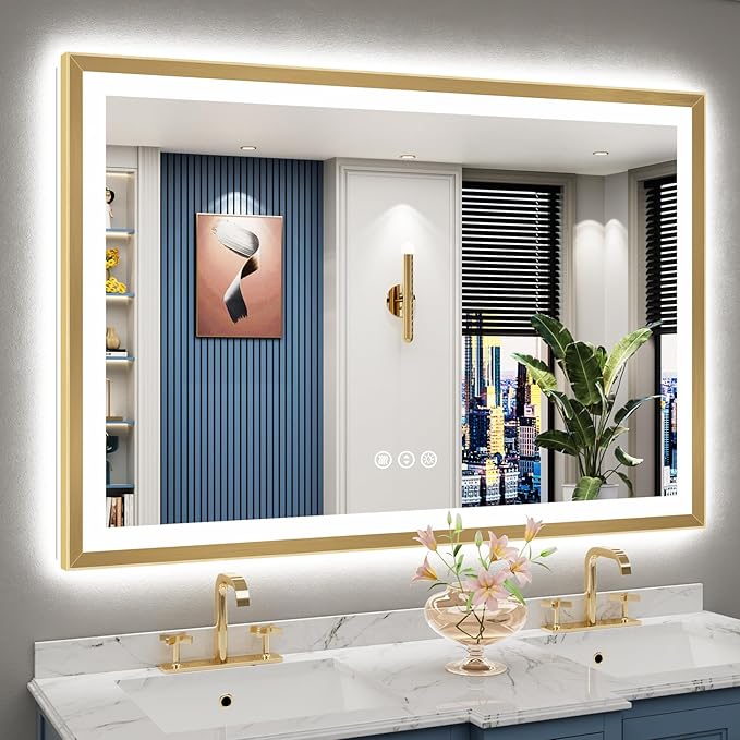 55x36 Gold Beveled LED Bathroom Mirror with Lights, Brushed Gold Framed Backlit and Front Lit Anti-Fog Lighted Vanity Mirrors for Bathroom Wall, Dimmable, 3 Colors, Memory, HD Tempered Glass