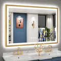 55x36 Gold Beveled LED Bathroom Mirror with Lights, Brushed Gold Framed Backlit and Front Lit Anti-Fog Lighted Vanity Mirrors for Bathroom Wall, Dimmable, 3 Colors, Memory, HD Tempered Glass