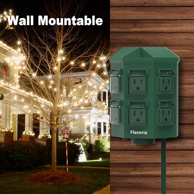 Flexora Outdoor Power Strip with 24-Hour Mechanical Timer, 50 FT Extension Cord Waterproof, 6 Grounded Outlets for Graden and Yard Decorations, ETL Listed