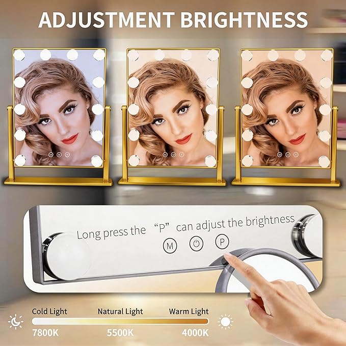 Makeup Vanity Mirror with Lights 17.12"x13.77" LED Makeup Mirror Detachable 10X Magnification, Hollywood Make Up Mirror with Lighting, Smart Touch, Rechargeable,360° Rotation, (Gold)