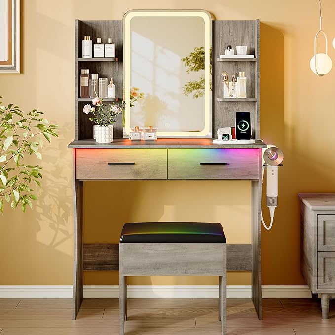 Makeup Vanity Desk with Mirror & Lights, Small Vanity Table Set for Girls with Chair & Power Outlet, Modern Dressing Table with 2 Drawers & 4 Storage Shelves, Adjustable RGB Lighting - Grey