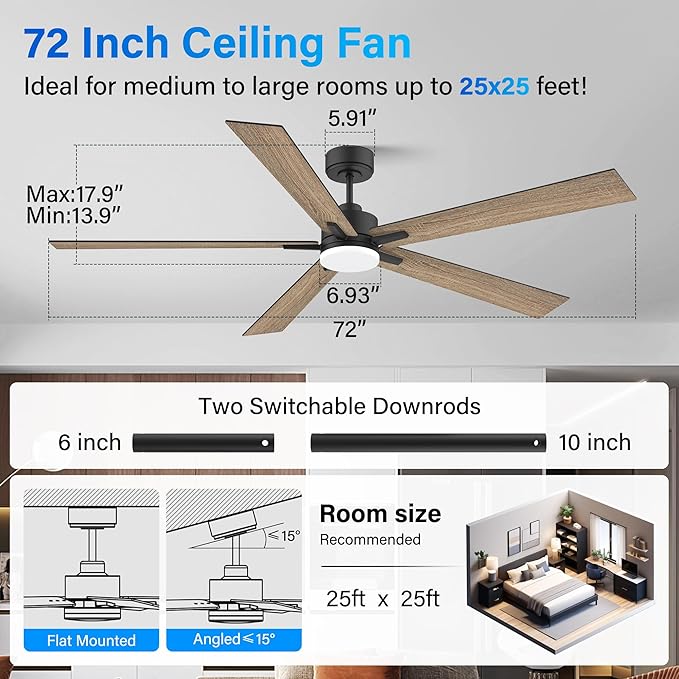 72” Large Smart Ceiling Fan with Lights Remote,Silent DC Motor,Control via WIFI Alexa Google App,Outdoor Indoor Modern Ceiling Fans for Living Room Kitchen Patio,Dimmable,5 Blades in Black&Walnut