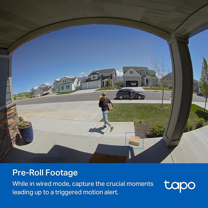 Tapo 2K+ Wired or Battery Powered Smart Video Doorbell with Chime - 180° Field of View, Person/Vehicle/Package Detection, Ring Call, 2-Way Audio, Subscription-Free Local Storage or Optional Cloud,D225