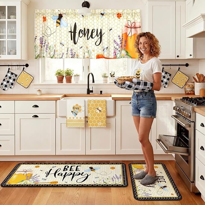 16 Pcs Honey Bee Kitchen Decor and Accessories Set 4 Yellow Kitchen Towel 4 Bee Placemat 2 Non Slip Rug and Mat Set for Floor 2 Oven Mitt Glove 2 Pot Holder 2 Curtain for Home Decor Mom Cooking Gift
