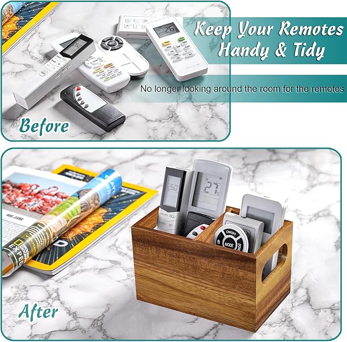 DRASTAR Remote Control Holder, Wood TV Remote Holder, Remote Storage Caddy, Remote Control Organizer (Acacia, 2 Slots)