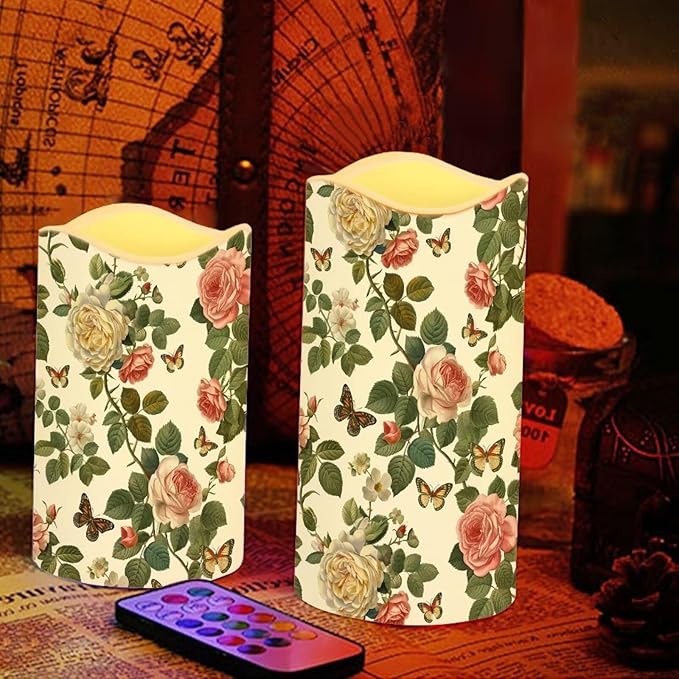 Retro Rose Flameless Candles with Remote Color Changing Battery Operated Pillar Candles with Flickering Flame Electric Fake Plastic Candles Tea Light Living Room Dining Table Decor