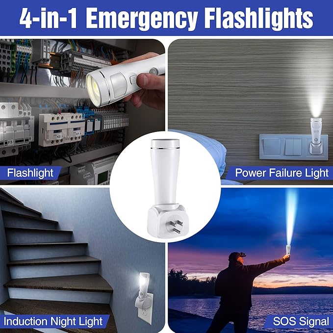 Enhon 3 Pack 4 in 1 LED Emergency Lights for Home Power Failure, Rechargeable Plug in Flashlight Motion Sensor Night Light, Automatic Turn On Power Outage Light for Home Hurricane Supplies (White)